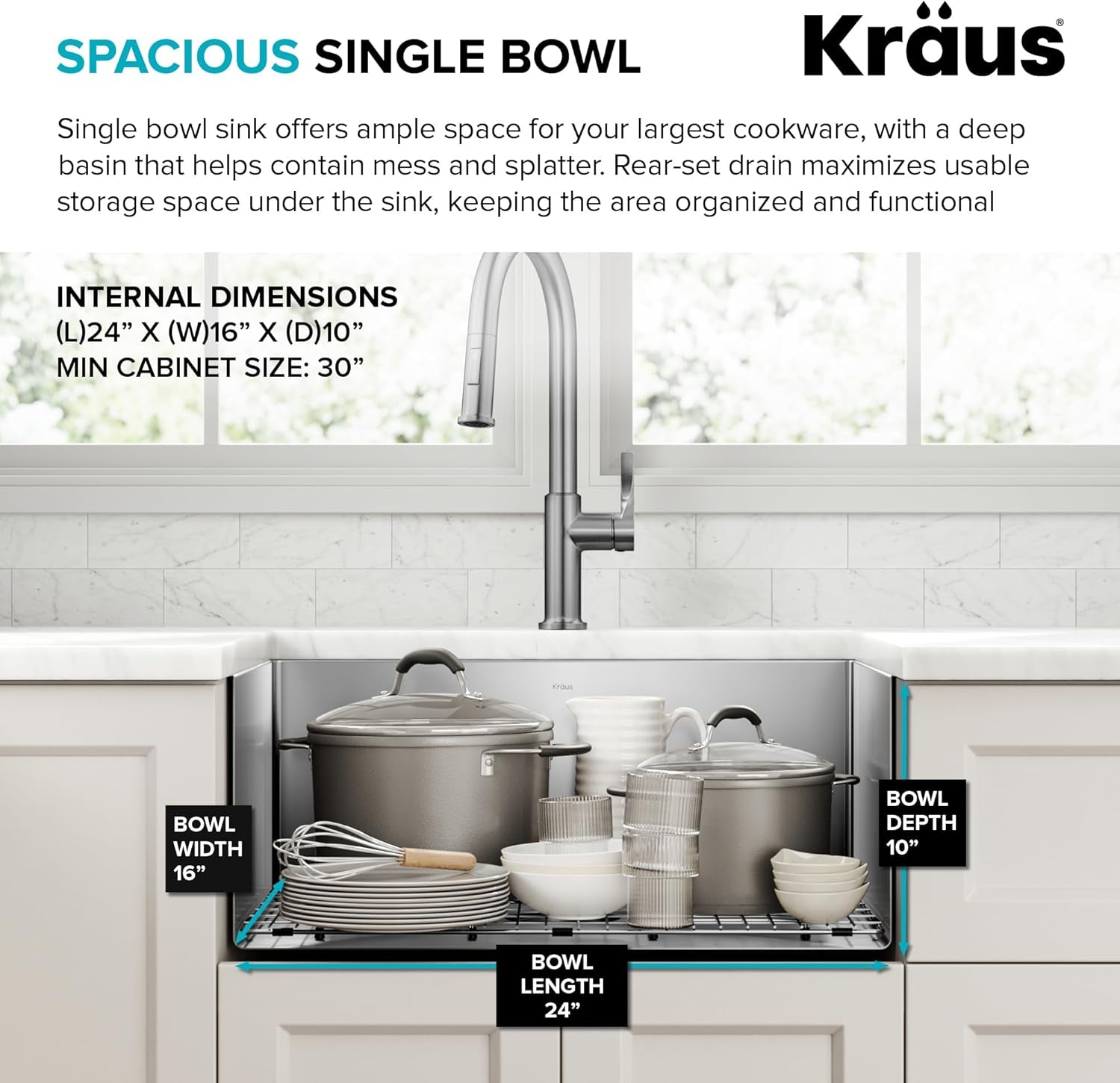 KRAUS Standart PRO 26-Inch 16 Gauge Undermount Single Bowl Stainless Steel Kitchen Sink, KHU100-26