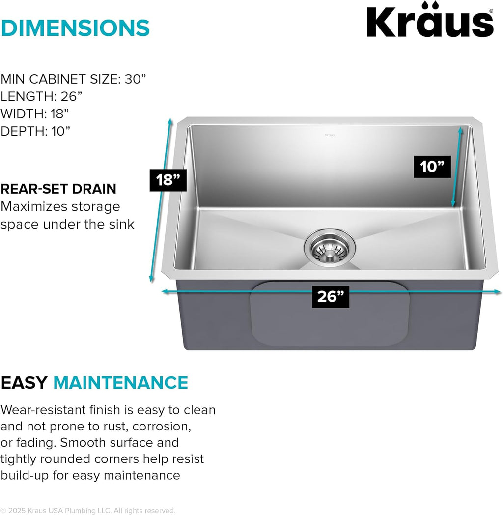 KRAUS Standart PRO 26-Inch 16 Gauge Undermount Single Bowl Stainless Steel Kitchen Sink, KHU100-26
