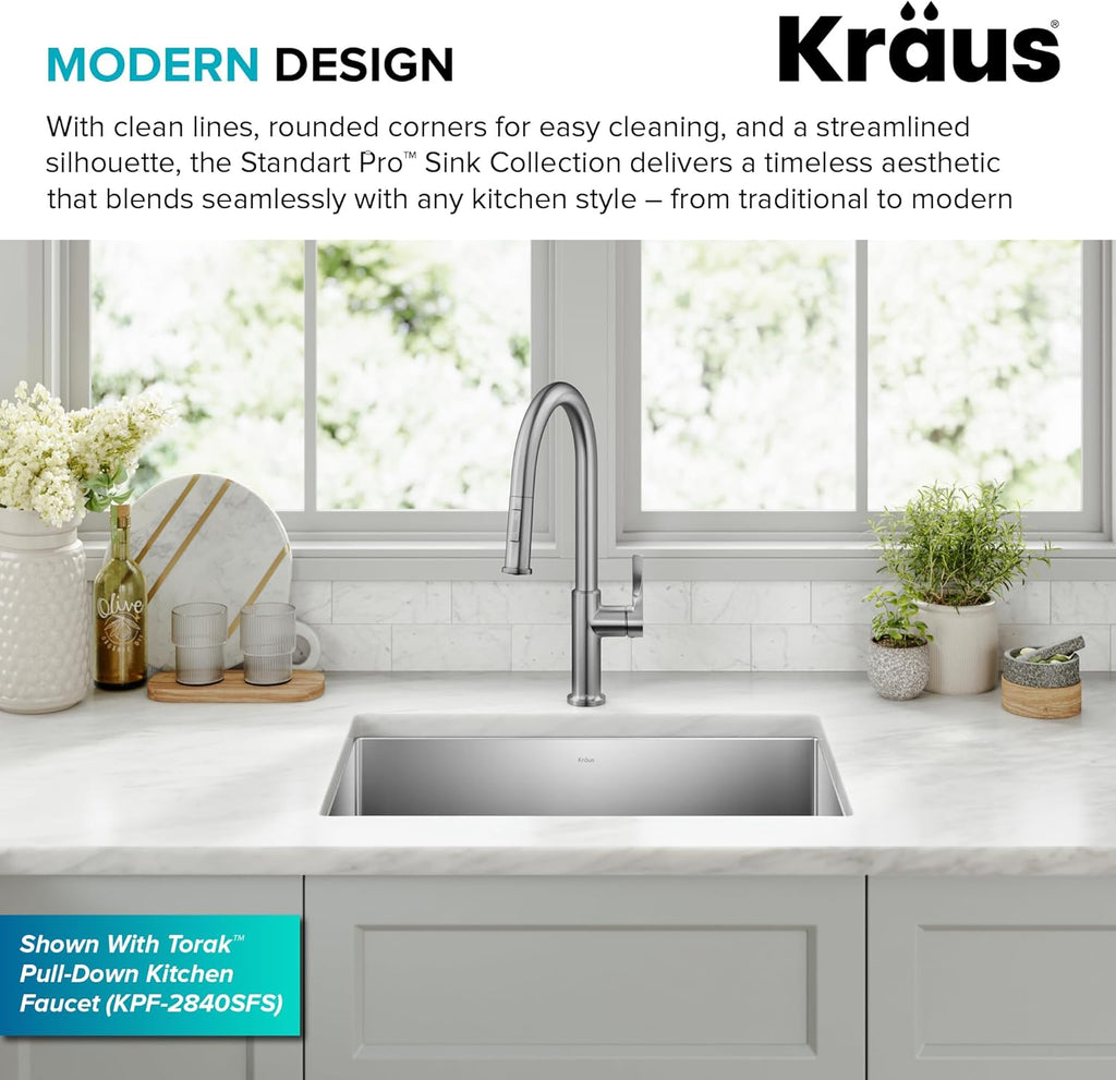 KRAUS Standart PRO 26-Inch 16 Gauge Undermount Single Bowl Stainless Steel Kitchen Sink, KHU100-26