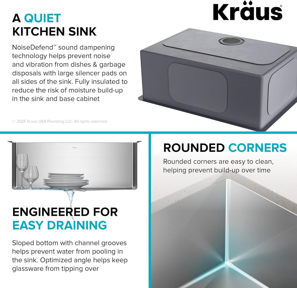 KRAUS Standart PRO 26-Inch 16 Gauge Undermount Single Bowl Stainless Steel Kitchen Sink, KHU100-26