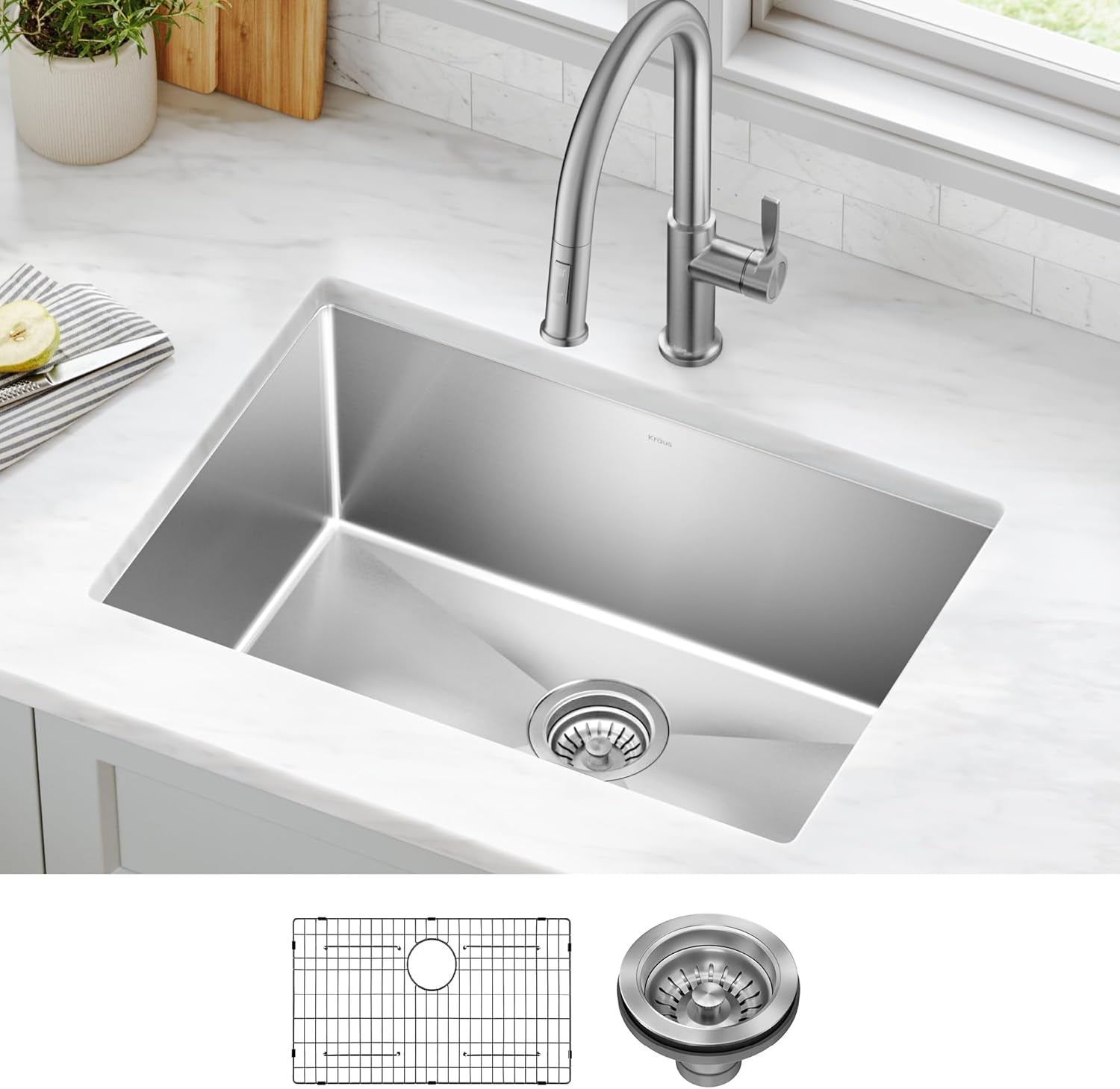 KRAUS Standart PRO 26-Inch 16 Gauge Undermount Single Bowl Stainless Steel Kitchen Sink, KHU100-26