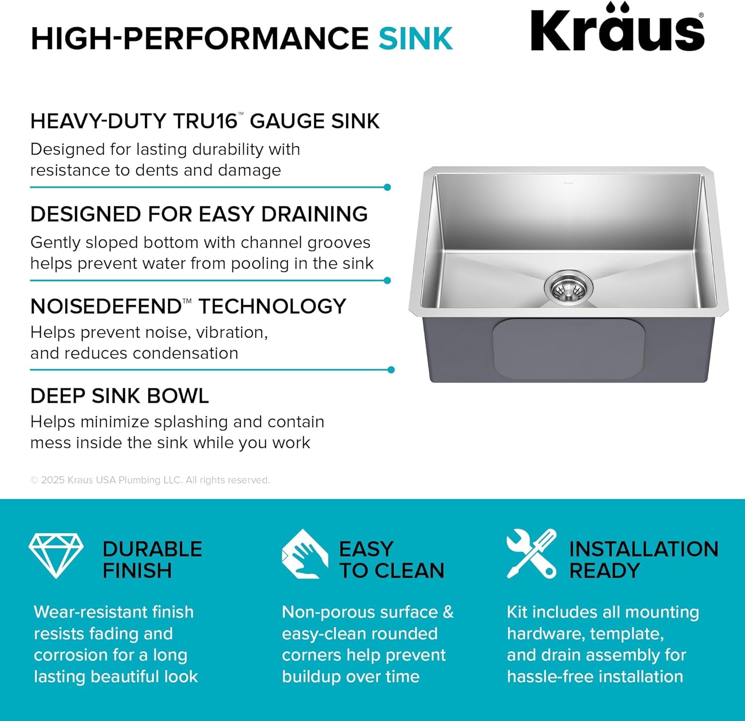 KRAUS Standart PRO 26-Inch 16 Gauge Undermount Single Bowl Stainless Steel Kitchen Sink, KHU100-26