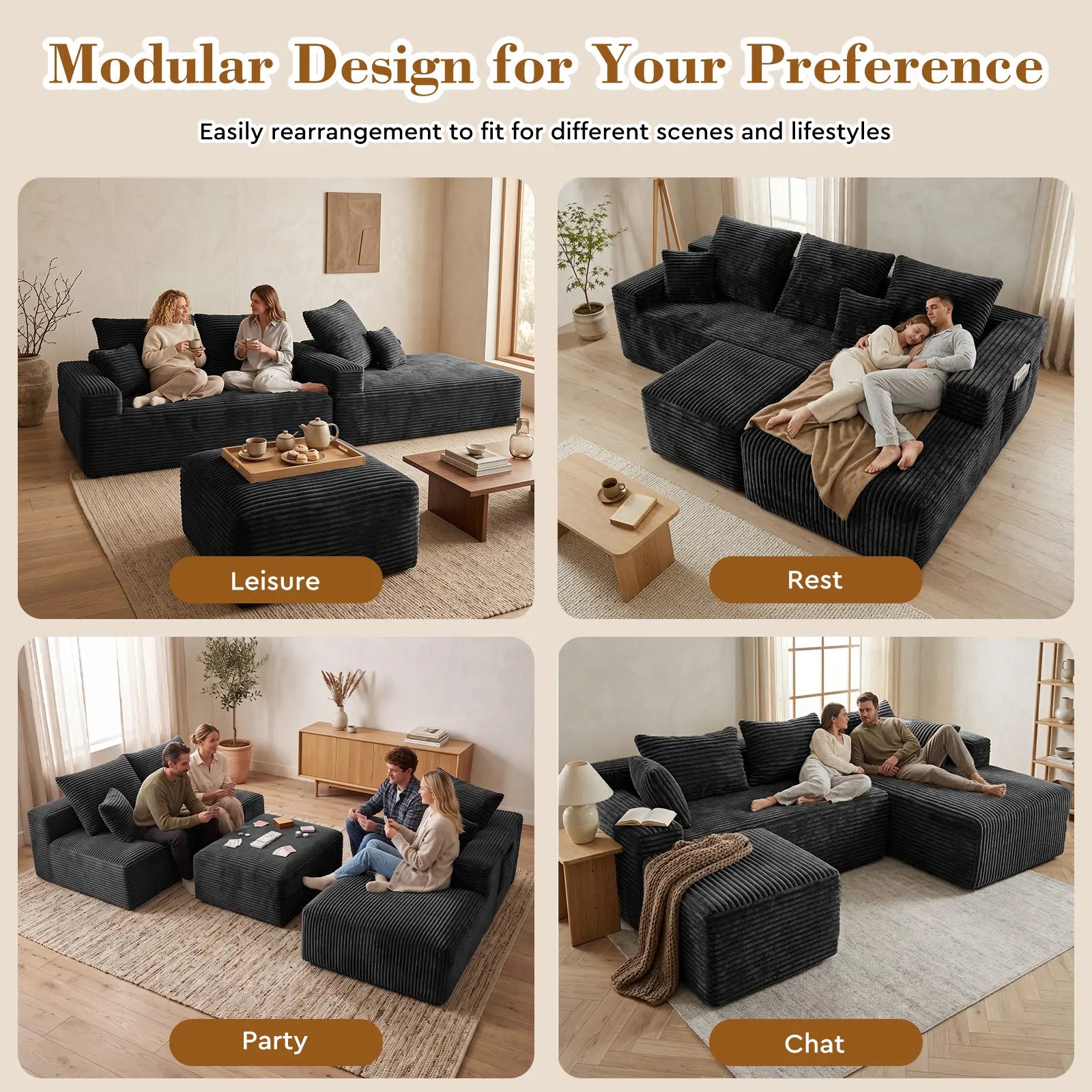 Transform Your Space with the Vnaoe-Corduroy Cloud Modular Sectional Sofa – Perfect for Cozy Living Rooms and Small Apartments, Pet-Friendly Design, and Comes with Free Gifts!