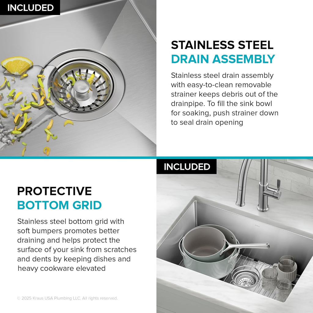 KRAUS Standart PRO 26-Inch 16 Gauge Undermount Single Bowl Stainless Steel Kitchen Sink, KHU100-26