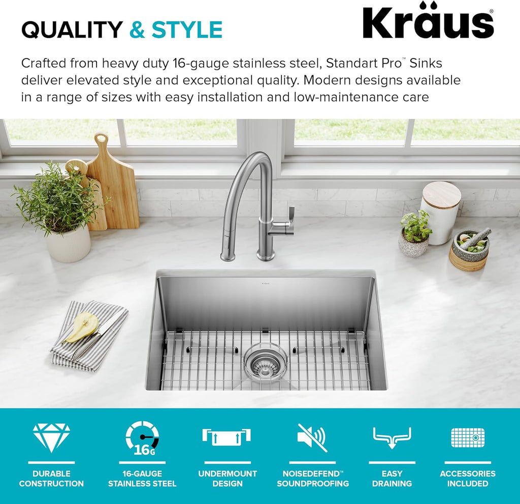 KRAUS Standart PRO 26-Inch 16 Gauge Undermount Single Bowl Stainless Steel Kitchen Sink, KHU100-26