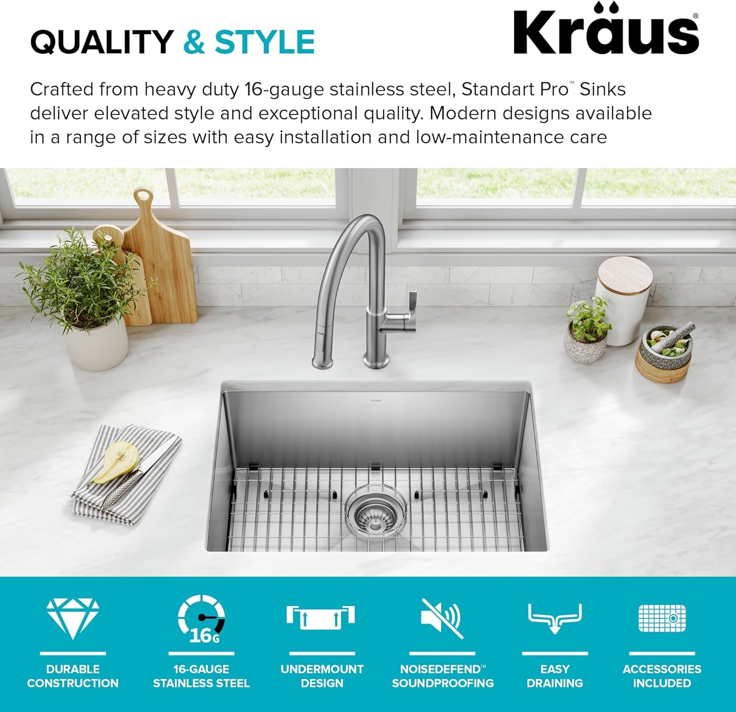 KRAUS Standart PRO 26-Inch 16 Gauge Undermount Single Bowl Stainless Steel Kitchen Sink, KHU100-26